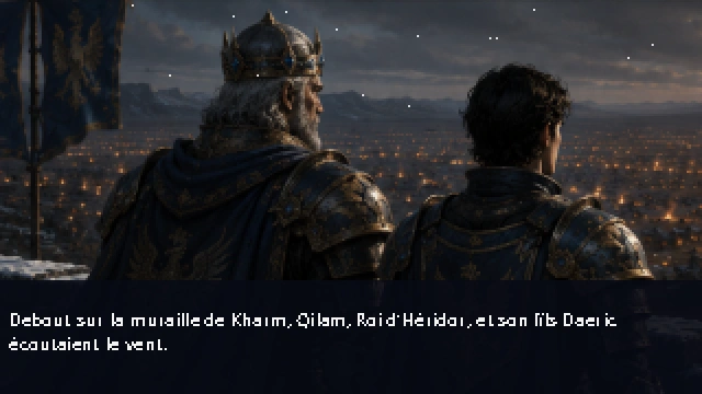 Écran d'ouverture du jeu Asthénia : le roi et son fils sur la muraille, de nuit