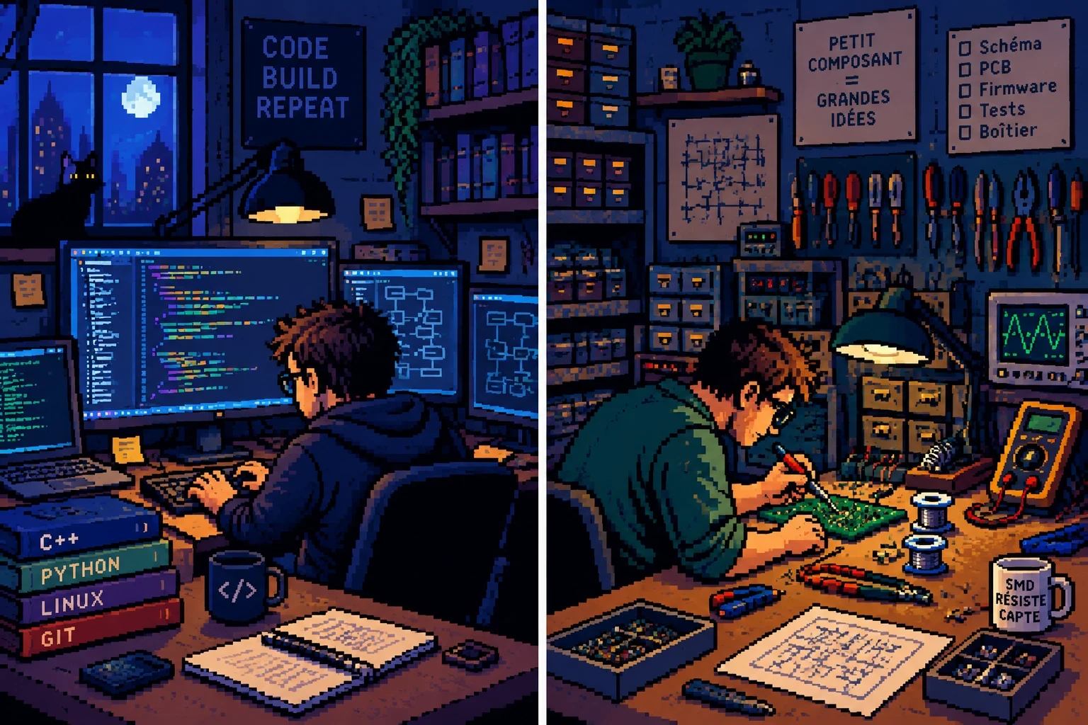 Deux scènes en pixel art : un développeur code la nuit devant plusieurs écrans, un électronicien soude un circuit imprimé à l'établi