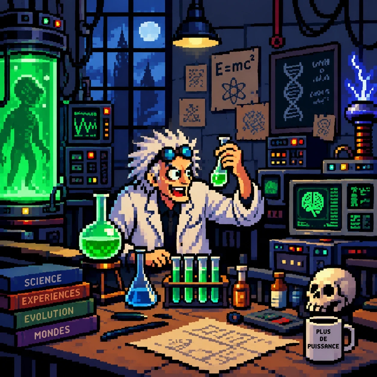 Un savant fou en blouse blanche dans son laboratoire rétro en pixel art : fioles vertes, bobine de Tesla, écrans et crâne