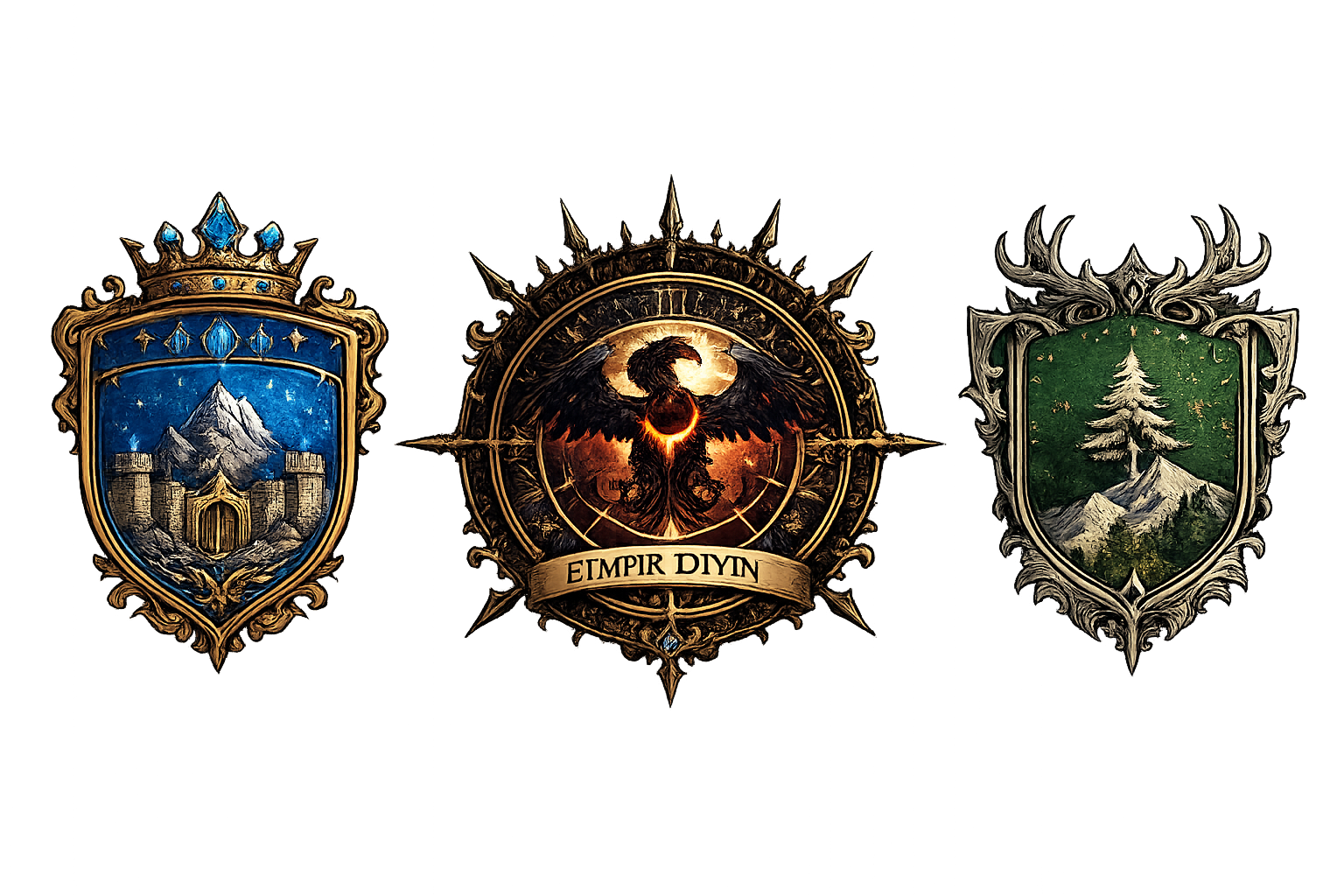 Blasons des trois factions — Héridor, Empire Asthénien, Randal