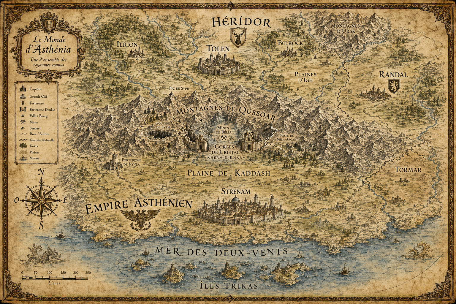 Carte du monde d'Asthénia — Héridor, Empire Asthénien, Montagnes de Qussoar